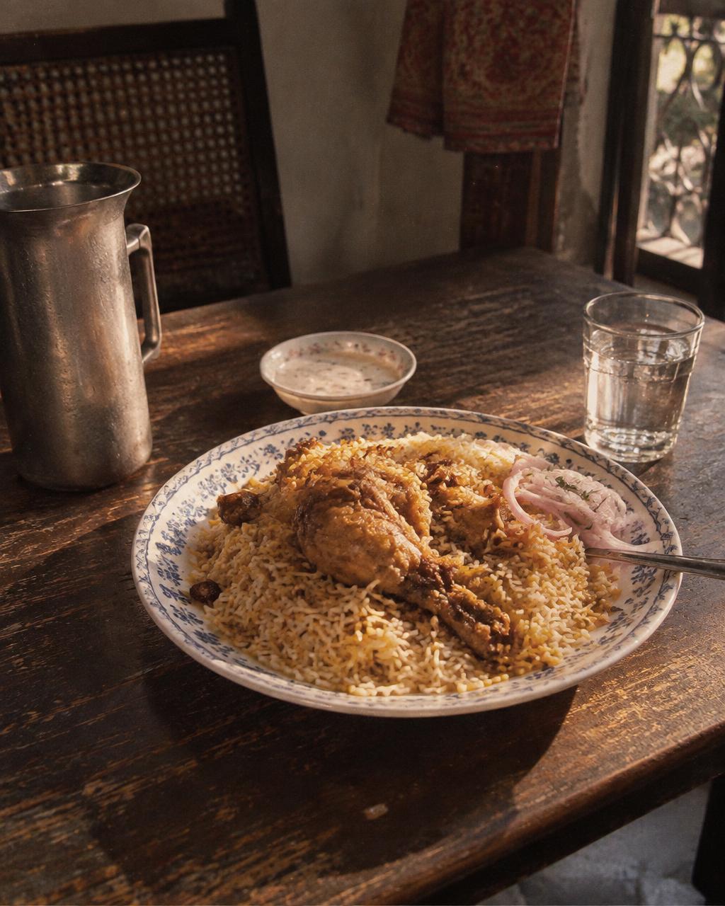 A plated dish photographed as a still life on a wooden table
