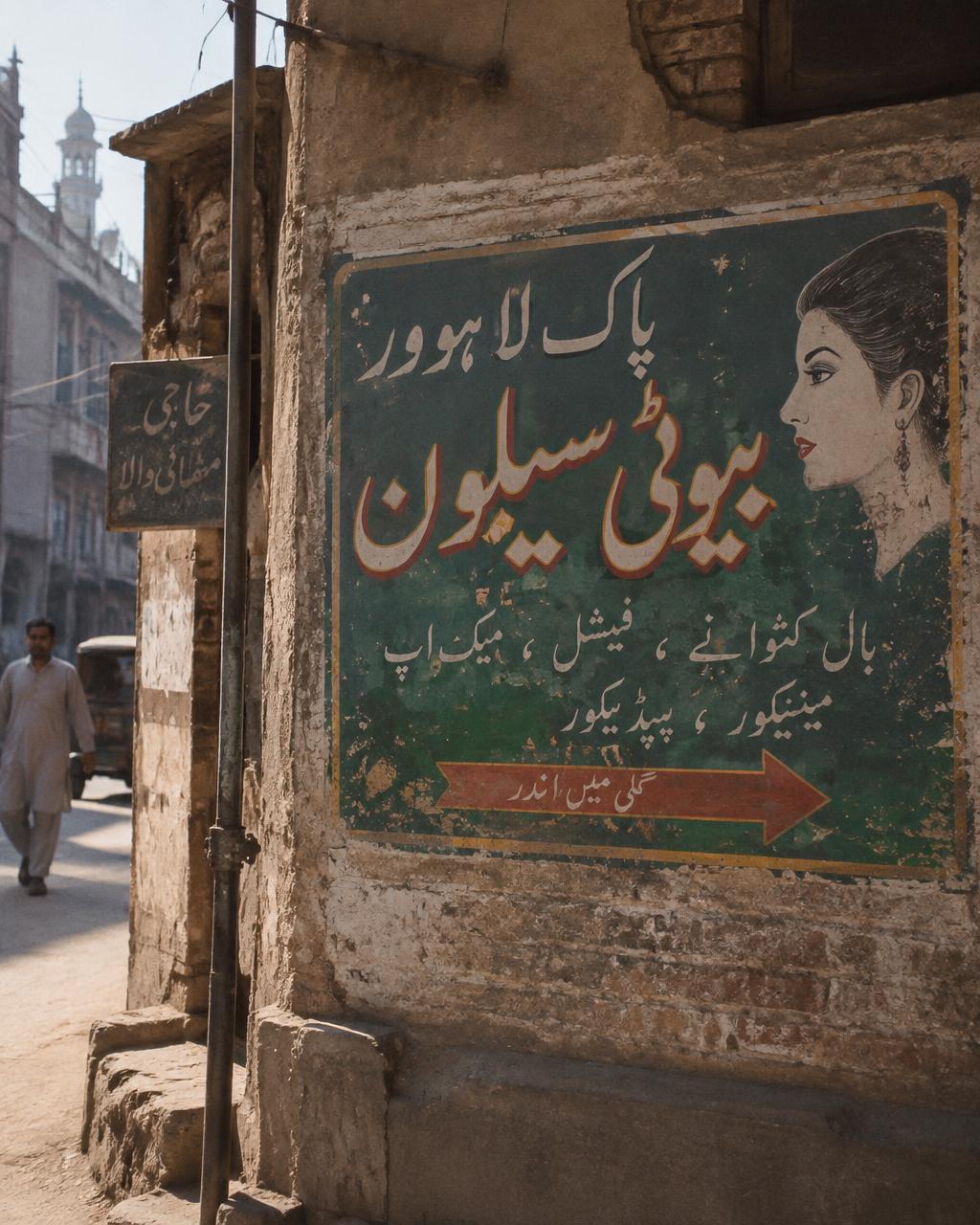 Hand-painted Urdu signboard on an old Lahore wall